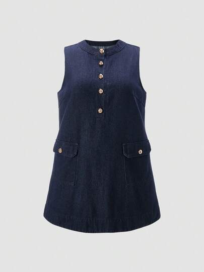 SHEIN MOD Plus Size Women Denim Sleeveless Dress Women's Sleeveless Dark Wash Denim Dress With Mandarin Collar And Front Pockets Mini Length Summer Dresses Summer Holiday Outfits Spring Clothing Spring Dress Valentine's Day Party Dresses For Women Elegant Party Dress Graduation Dress For Women Graduation Ceremony Vacation Outfits Women Beach Vacation Outfits For Women Casual Dresses For Women Formal Dresses For Women