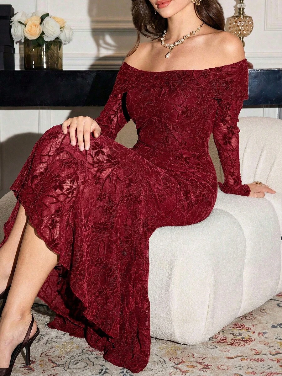 Modelyn Vestido de mujer de color café con mangas acampanadas y hombros descubiertos de encaje, nuevo vestido de ajuste ceñido que afina la cintura - Burdeos - Ver 1