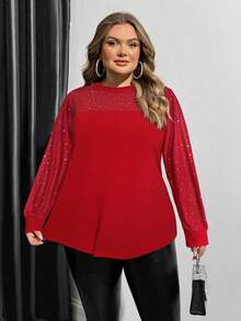 SHEIN CURVE+ 大码长袖女式上衣，日常休闲服装 - 紅色 - 查看 4