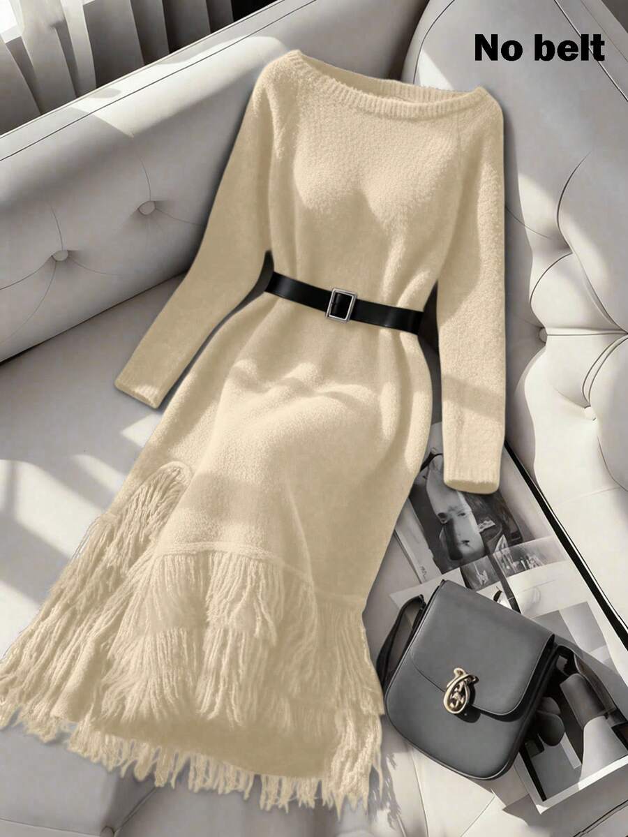 Franclia 新款秋冬欧美风性感不对称肩部流苏毛绒针织连衣裙 - 米色 - 查看 1