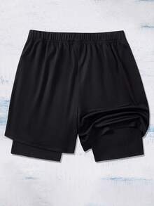 SHEIN Bolty 1 件装青少年男童图案抽绳腰网眼短裤，适合上学、春季穿着、青少年男童服装、青少年男童外套、春季返校季 - 黑色 - 查看 3