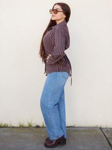 Lupita Cardoza Women's Elegant Striped Button-Up Cinched Waist Shirt, Back To School Teacher, Fall Clothes For Women, Fall Tops, Brown Shirt, Brown Tops - Multicolor - View 3