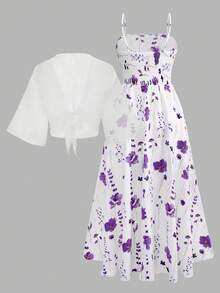 Franclia Bộ váy voan họa tiết hoa nhí dành cho nữ cỡ lớn, kèm áo khoác cardigan thanh lịch, thích hợp cho mùa hè. - Màu tím - Xem 2