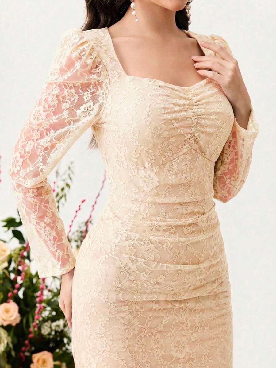 Modelyn Elegantes Damen Bodycon-Kleid mit Spitzeneinsatz, quadratischem Ausschnitt und schlanker Passform, graziöser, damenhafter Stil - Aprikosenfarben - Übersicht 1