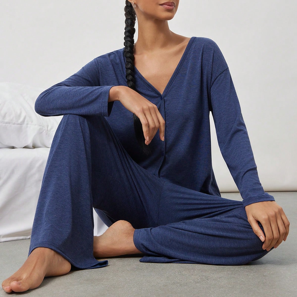 Conjunto de ropa de estar cómoda y suave sin cuello para mujer