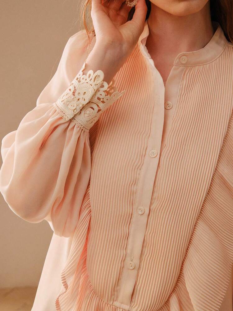 LOTUS ROOT PINK MANDARIN COLLAR LANTERN SLEEVE PLEATED RUFFLE TRIM LOOSE BLOUSE
