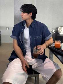 DAZY Men's Solid Blue Washed Denim Shirt, Summer - Blue - View 4