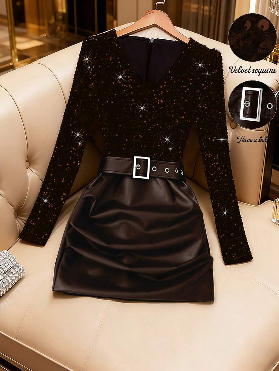 Qadelle Đầm ôm sát cổ chữ V xếp ly, phối sequin và da giả, kiểu dáng thanh lịch dành cho nữ, tôn dáng, thích hợp cho mùa thu/đông. - Cà phê - Xem 1