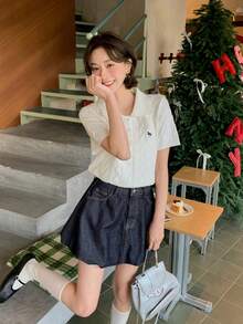 DAZY Women's Turndown Collar Korean Style Cartoon Embroidery Knit Sweater - White - View 8