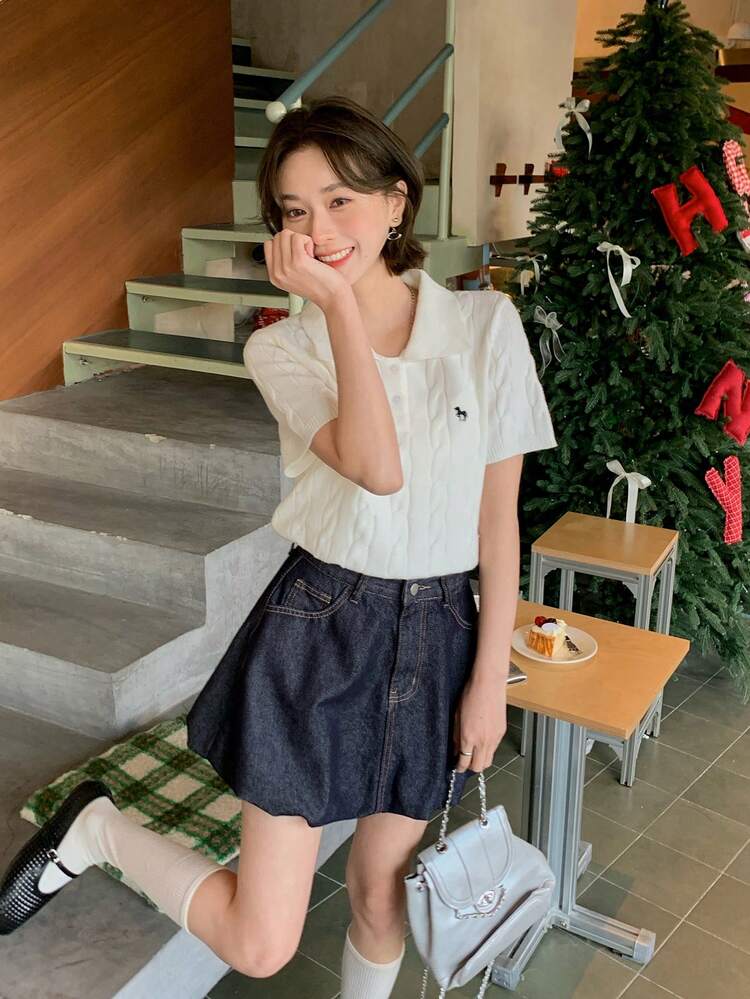 Women's Turndown Collar Korean Style Cartoon Embroidery Knit Sweater Summer