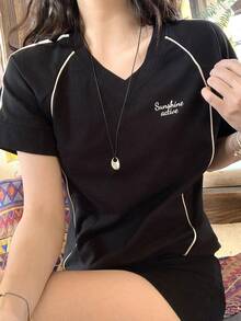 DAZY 女士美式V领短袖T恤，黑色，修身，运动设计，2025夏季新款 - 黑色 - 查看 10
