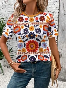 SHEIN LUNE Áo thun nữ cổ tròn in họa tiết, kiểu dáng thường ngày. - Nhiều màu - Xem 3