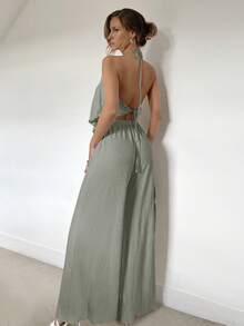 Siren Gaze Bộ 2 món gồm áo hai dây hở lưng và quần ống rộng xẻ tà, thích hợp cho mùa xuân/hè. - Màu xanh Bạc hà - Xem 2