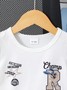 SHEIN Playful Pals 2件套婴幼儿男女通用休闲字母印花上衣和松紧腰工装裤套装，适合0-3岁宝宝，可用于户外运动、休闲外出、购物和旅行，尺码涵盖6个月至2-3岁。 - 白色 - 查看 6