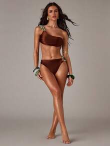 SHEIN BAE Women's Cute Coffee Brown Shiny One-Shoulder Bikini Set, Green Beaded Strap Swimwear, Summer Holiday Beach Party Resort Outfits, Elegant Swimwear - Brown - View 8