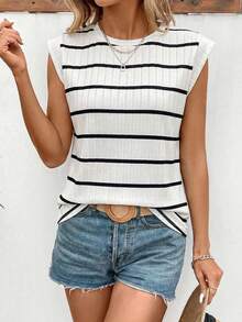 SHEIN LUNE Women's Round Neck Ribbed Print Ribbed Casual Versatile T-Shirt - Multicolor - View 3