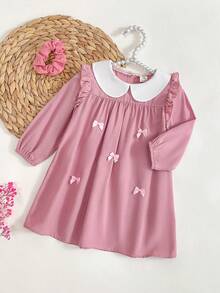 Baby Girls' Fashion Minimalist Bow Decor Cute Peter Pan Collar Ruffle Hem Long Sleeve Dress Pink Abaya Matching Girl Matching Islamic Dresses Collared Baby Girl Dress Dusty Pink Baby Dress Baby Girl Long Sleeve Dress Pink Baby Girl Dress - Pink - View 3