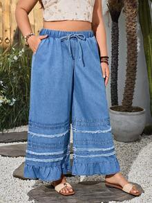 SHEIN Holidaya Plus Size Women Casual Ruffle Hem Wide Leg Jeans - Medium Wash - View 3