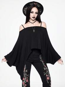 ROMWE Gothic Minimalist Off-Shoulder Loose Batwing Sleeve Top - Black - View 8