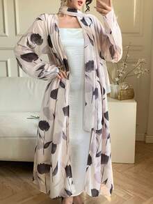 DAZY Printed Long Sleeve Casual Loose Cardigan Dress For Women, Daily Wear - Beige - View 3