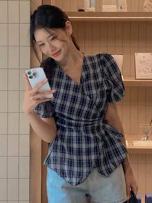 DAZY Women's Plaid Shirt, Casual Waist Cinched Blouse, Slimming Top - Navy Blue - View 4