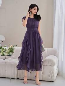 DAZY Đầm dài ngang gối thanh lịch màu trơn, viền bèo nhún dành cho nữ, đầm dự tiệc cưới mùa hè, đầm cocktail. - Màu tím - Xem 6