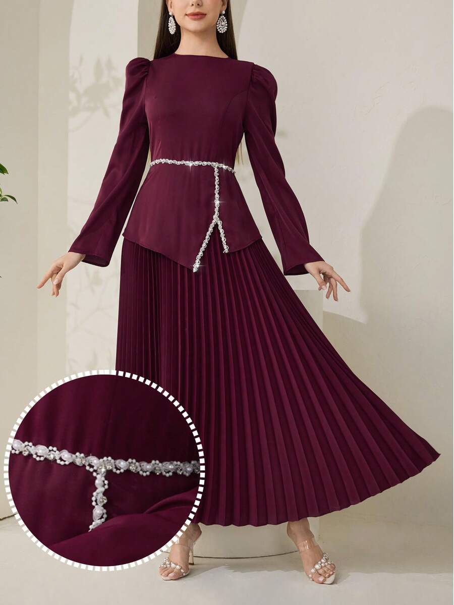 Veilorie Women's Simple Long Sleeve Arabic Style Dress - Red - View 1