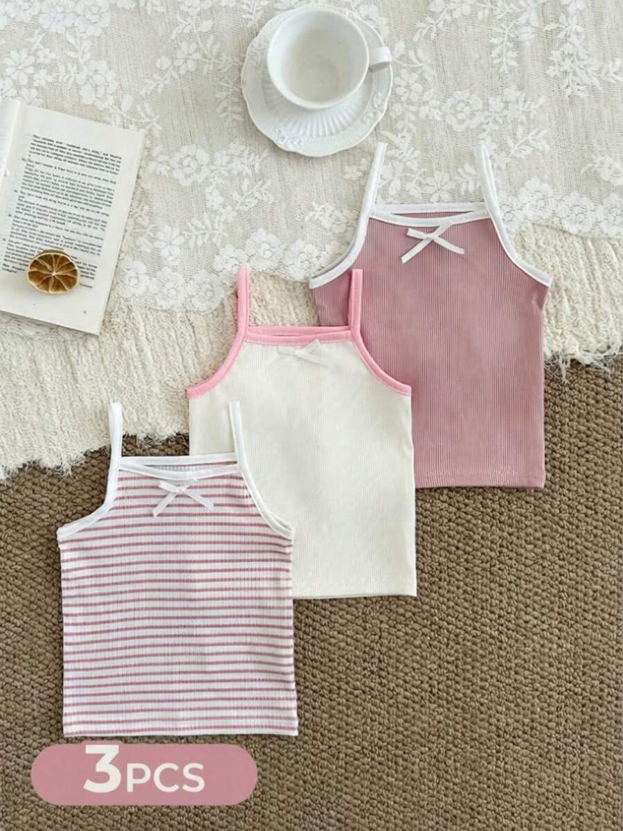 SHEIN 3pcs Baby Girls' Jacquard Fabric Camisole Vest. Sleeveless, Refreshing To Wear Outerwear, Cute And Fashionable, Macaron Pastel Color Series, Sweet And Flattering. Soft And Comfortable Fabric, Cute Casual Style Suitable For Spring/Summer Outings, Outdoor Play, Vacation, Daily Wear, And Travel - Pink - View 1