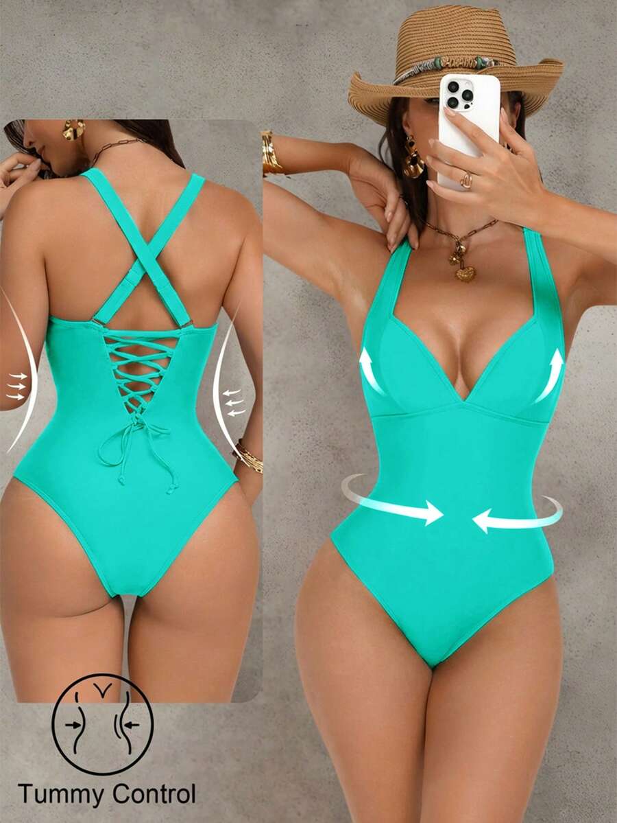 Shapewave Áo tắm liền thân nữ màu nâu phối nhiều mảnh, nâng ngực, ôm bụng, có dây buộc, thiết kế hở lưng, thanh lịch và gợi cảm, thích hợp cho tiệc tùng hoặc đi bơi. - màu xanh lá - Xem 1
