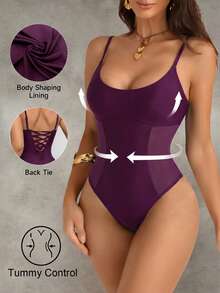 Shapewave Áo tắm liền thân nữ bằng vải lưới phối nhiều mảnh, có dây rút, ôm bụng, nâng ngực, màu đen, cổ tròn. - Màu đỏ tím - Xem 3