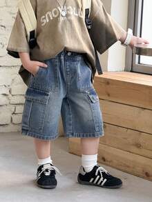 SHEIN Young BoyLoose Fit Blue Denim Cargo Shorts - Medium Wash - View 4