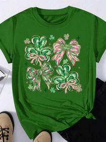 EMERY ROSE 大码女式休闲蝴蝶结装饰圆领短袖T恤，女士上衣 - 綠色 - 查看 3