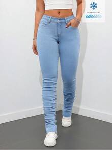 SHEIN Tall 女款休閒口袋修身喇叭腿牛仔褲，適合高個女性 - 淺色水洗藍 - 查看 3