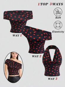 Olithes Versatile Women's T-Shirt Valentine's Day Heart Print T-Shirt Fashionable Off-Shoulder T-Shirt Halter Neck Top Off Shoulder Top Crop Top Heart Print Top Ruched Top Y2k Clothes Women Tops Halter Top Womens Tops - Multicolor - View 1