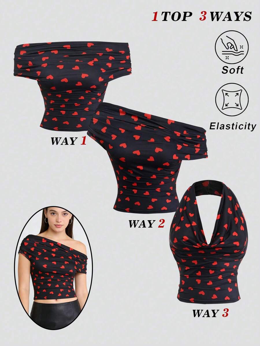 Olithes Versatile Women's T-Shirt Valentine's Day Heart Print T-Shirt Fashionable Off-Shoulder T-Shirt Halter Neck Top Off Shoulder Top Crop Top Heart Print Top Ruched Top Y2k Clothes Women Tops Halter Top Womens Tops - Multicolor - View 1