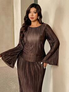 Auralis Plus Size Women Pleated Round Neck Flare Sleeve Top And Midi Skirt Elegant 2-Piece Set Pleated Skirt Set Brown Two Piece Set Women Modest Two Piece Set Elegant Casual Two Piece Set Spring Outfit For Women, Spring Set For Women - Brown - View 5