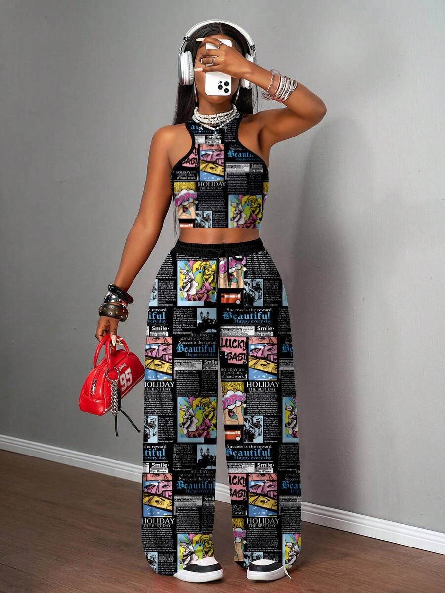 Slaydiva 两件套女士休闲街头风紧身吊带背心和宽松长裤套装，适合街头穿着 - 彩色 - 查看 1