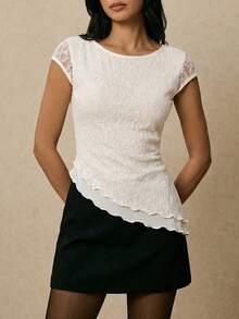 Poéselle 女士纯色极简蕾丝拼接短袖上衣 - 杏色 - 查看 6