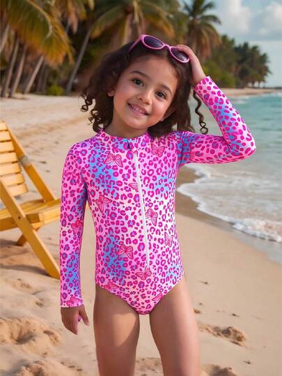 SHEIN Young Girls One-Pieces Cute Multi-Color Leopard Print Color Base, Butterfly Print Pattern, Knitted Fabric, Front And Middle Zipper, Long-Sleeved Sun Protection One-Piece Suit, One-Piece Leopard Print Butterfly Swimsuit, Fashionable, Casual, Exquisite, Elegant Lady, Suitable For Swimming, Suitable For Summer Vacation, Summer Beach, Seaside Swimming Pool, Swimming Pool, Summer Party, Leisure Vacation Girls Swimsuit Long Sleeve Rash Guard Girls Rash Guard With Zipper