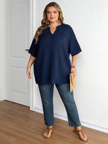 SHEIN CURVE+ 加大码夏季V领短袖休闲衬衫，纹理面料，女式教师装 - 藏蓝色 - 查看 7