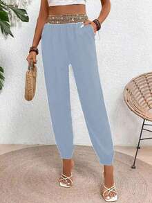 EMERY ROSE Quần skinny nữ cạp kim loại viền hoa - Màu xanh lam - Xem 4