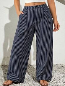 SHEIN VCAY Plus Size Striped Casual Pants Stripe Pants Women Wide Leg Pants Western - Blue and White - View 1