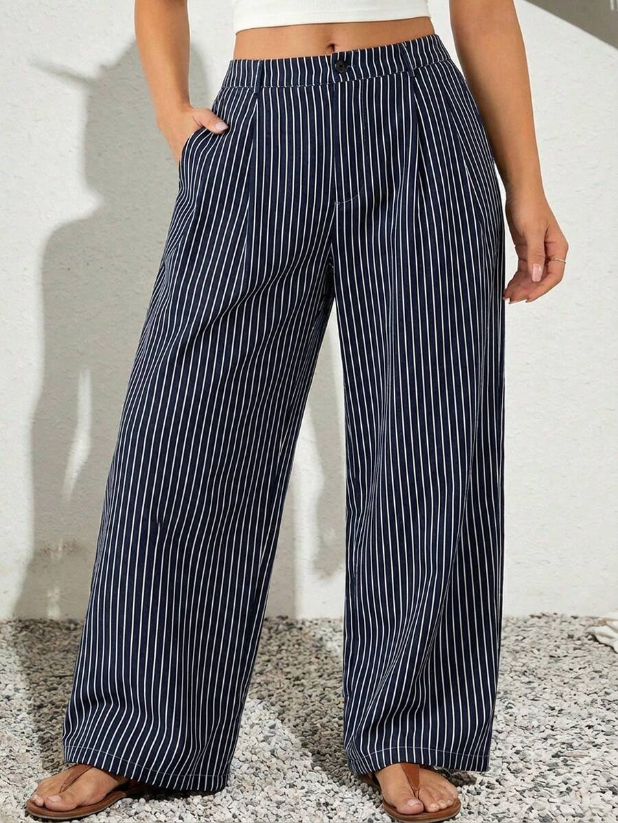 SHEIN VCAY Plus Size Striped Casual Pants Stripe Pants Women Wide Leg Pants Western - Blue and White - View 1