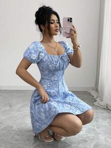Rafferiza Women's French Elegant Minimalist Square Neck Short Sleeve Bow Tie Waist Decor Short Casual Jacquard Dress Puff Dress Baby Blue Dress Women Milkmaid Dress Women Puff Sleeves Dresses Short Blue Dress - Blue - View 3