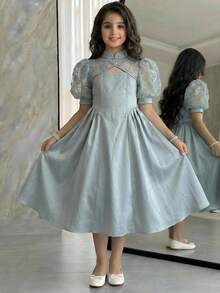 SHEIN 少女優雅純色拼接網紗刺繡花瓣袖小立領洋裝 - 黑色 - 查看 1