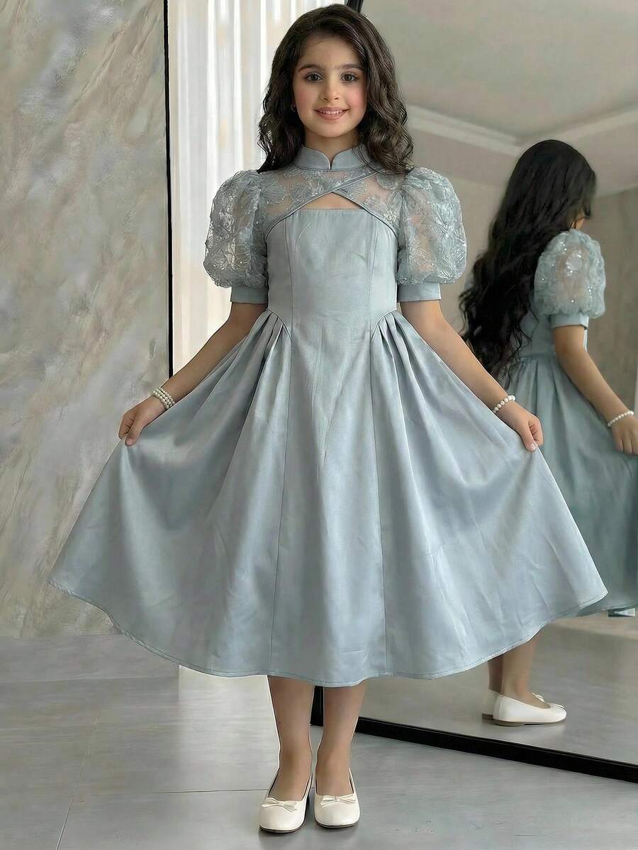 SHEIN 少女優雅純色拼接網紗刺繡花瓣袖小立領洋裝 - 黑色 - 查看 1