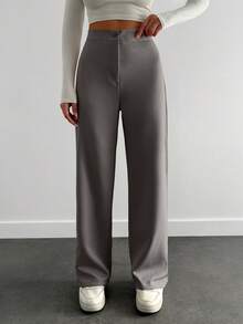 EURMUSE Women's Casual Straight-Leg Solid Color Office/Commute Pants - Light Grey - View 1