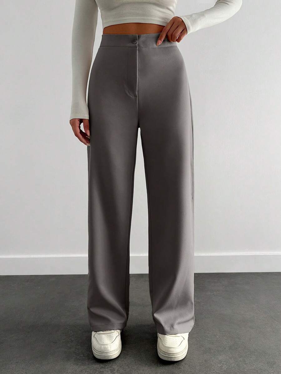 EURMUSE Women's Casual Straight-Leg Solid Color Office/Commute Pants - Light Grey - View 1