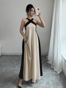 Elenzga Plus Size Women's Elegant Color Block Halter Backless Dress With Bow Tie, Summer - Khaki - View 6