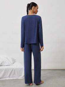 Ocili Comfortable Soft Collarless Women Loungewear Set - Navy Blue - View 2